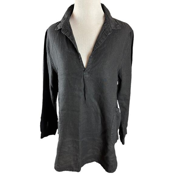 Fresh Produce 100% Linen Black Tunic Top Pockets Split Neck LagenLook Small NWT - Picture 1 of 8